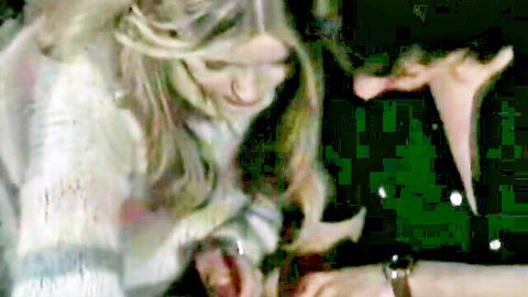 Perverse Liza blonde in white dress touching man in retro porn scene