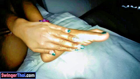 Lily Koh's turquoise nailed Asian foot and hand tease on bed