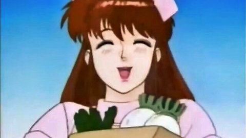 Anime nurse with long brown hair smiling, holding box in hentai scene