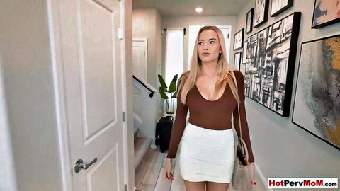 Sofie Marie blonde cougar in brown top and white mini skirt tease