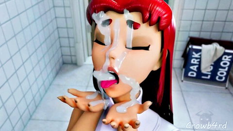 Redhead anime doll with thick cum facial covering eyes, tongue, mouth and hands dripping semen