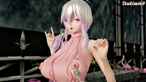 Busty anime girl with silver hair in revealing pink dress posing seductively