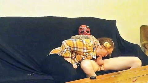 Blonde amateur spreads legs in open plaid shirt for Halloween filth