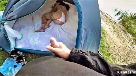 KisaKashara in white panties tease inside unzipped tent, morning outdoor surprise