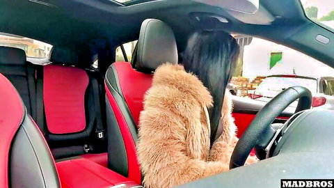 Skinny French amateur in fur coat in luxury car, teasing for hardcore anal DP