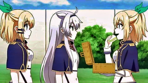 Three anime girls from Akashic Chronicles in sexy school uniforms outdoors