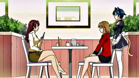 AIKa ZERO Ep1 anime thumbnail: redhead, orange-haired girl and cat-eared maid in cafe