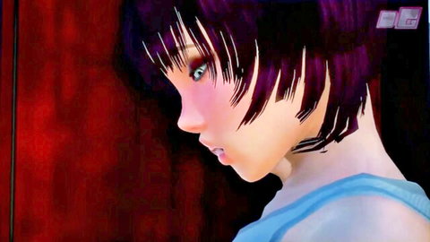 Bashful purple-haired anime futa girl in blue top, profile view