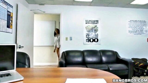 Busty secretary unbuttons white blouse exposing huge bare tits entering office