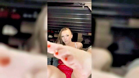 Badbishhbri teases with dirty feet in red lingerie, foot worship close-up