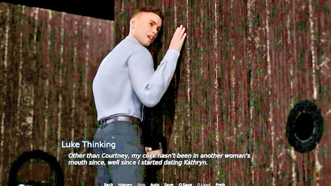Luke at glory hole pondering cuckold cheat in blue shirt, wooden booth