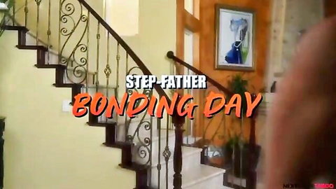 Stepfather bonding with stepdaughter on stairs in short dress