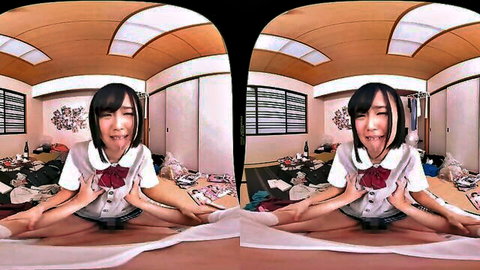 Japanese schoolgirl in VR POV teasing with legs spread and tongue out