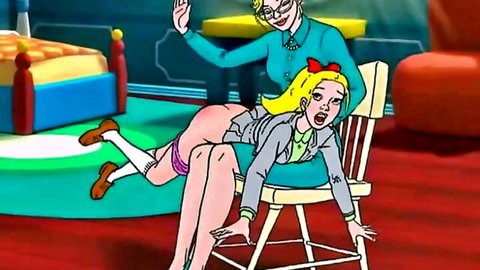 Cartoon blonde schoolgirl's bare ass spanked red by glasses teacher in office chair