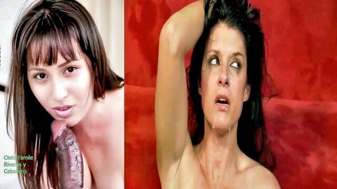 Asian babe with bangs licks huge veiny cock while brunette drools from wide-open mouth