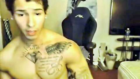 Hot muscular Latino bro with eagle chest tattoos in webcam show