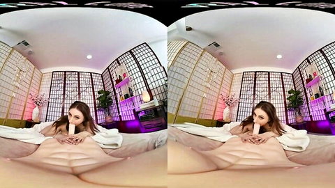 Brunette babe spreads shaved wet pussy wide POV while sucking cock on bed