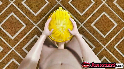 Nude woman holds spiky yellow fruit over her pussy teasing on brown mat