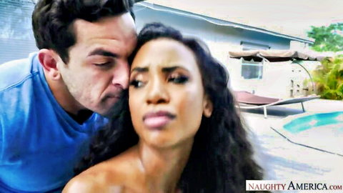 Demi Sutra sensually kissed by white lover poolside in interracial scene