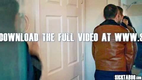 Naughty couple teasing in haunted house hallway, man in leather jacket