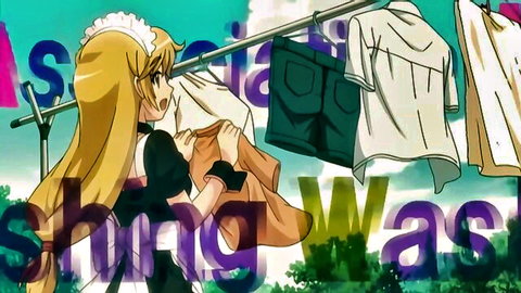 Blonde anime maid Asuka hanging laundry in frilly outfit, teasing pose