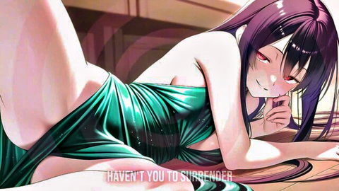 Seductive anime girl in sheer green dress, long dark hair, teasing surrender pose