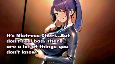 Anime Mistress Cheri in shiny black suit, seductive shush pose for hypno JOI