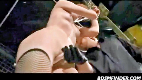 Bound redhead nude in fishnet stockings endures BDSM caning and toying session