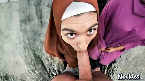 POV double blowjob threesome with Sophia Leone and Aubry Babcock in hijabs