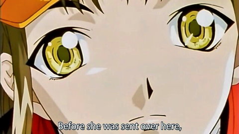 Anime girl with orange hair and intense yellow eyes close-up