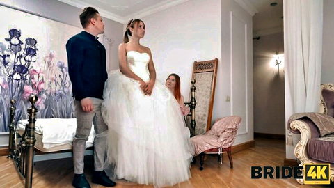 Busty bride Polly Yangs in naughty wedding threesome with two guys