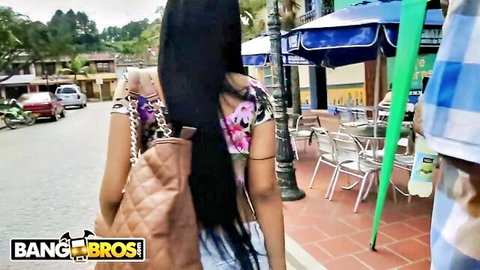 Hot Latin babe Camila in denim shorts walking Colombian streets, BangBros pickup