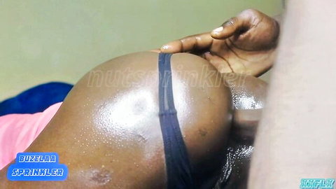 Large ebony ass exposed in doggy anal tease, lesbian fingering closeup