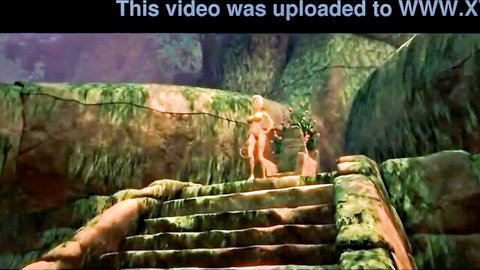 3D Amazon blonde with big tits posing nude in jungle scene