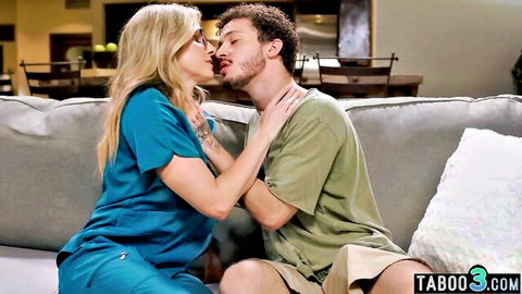 Cory Chase as blonde stepmom in scrubs kissing stepson intimately