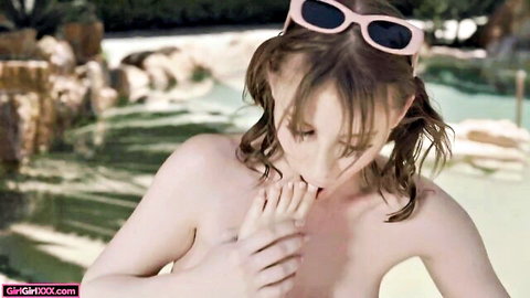 Demi Hawks pale blonde teen naked toe sucking by pool