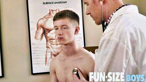 Shirtless twink patient in annual physical exam by doctor using stethoscope