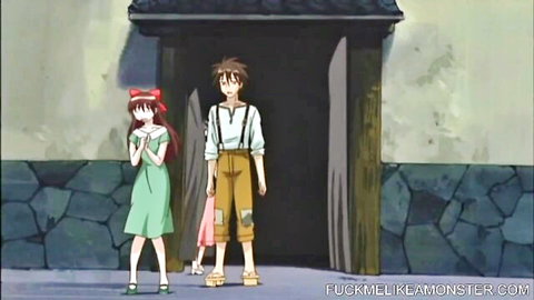 Anime couple outside: shy girl in green dress and red bow with boyfriend in suspenders