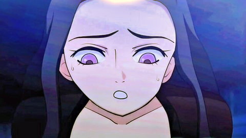 Anime demon girl with long purple hair, teary purple eyes and surprised expression