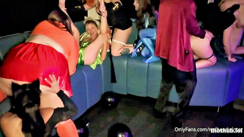 Curvy big ass women in skimpy outfits bent over couches groped by men at wild neon orgy party