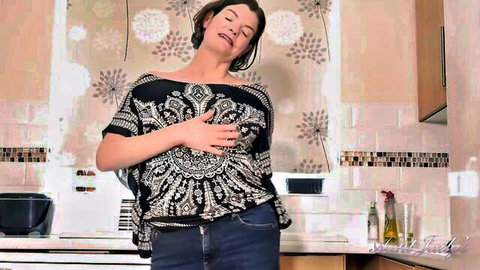 Jenny's passionate hairy solo in kitchen, off-shoulder top ecstasy