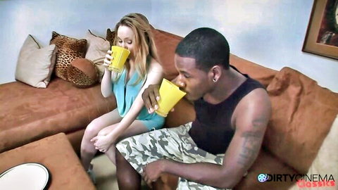 Blonde woman drinks with BBC guy on couch, leading to creampie