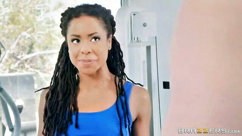 Kira Noir in blue tank top seducing Markus Dupree, ebony beauty tease