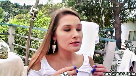 Abby Cross with Monroe piercing in white off-shoulder top, outdoor blowjob tease