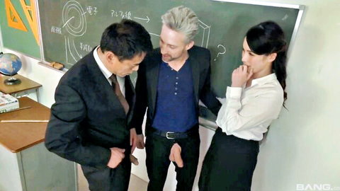 Mina Asahi in MMF threesome, Asian beauty with two suited men in classroom encounter