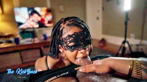 Themaneater in mask performs deep blowjob on cock, ebony babe in lingerie