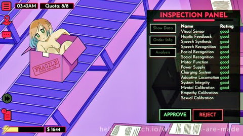 Anime girl with green eyes sitting nude in fragile box on conveyor belt during inspection