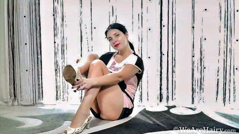 Tanita hairy MILF solo teasing pussy in pink shorts and heels