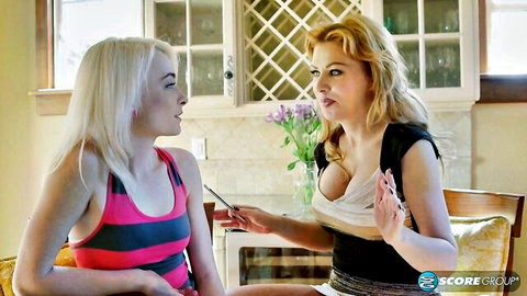 Maddy Rose chats with busty blonde cougar teacher in kitchen