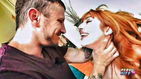 PervCity redhead big tits slut in choking kiss with facial cumshot